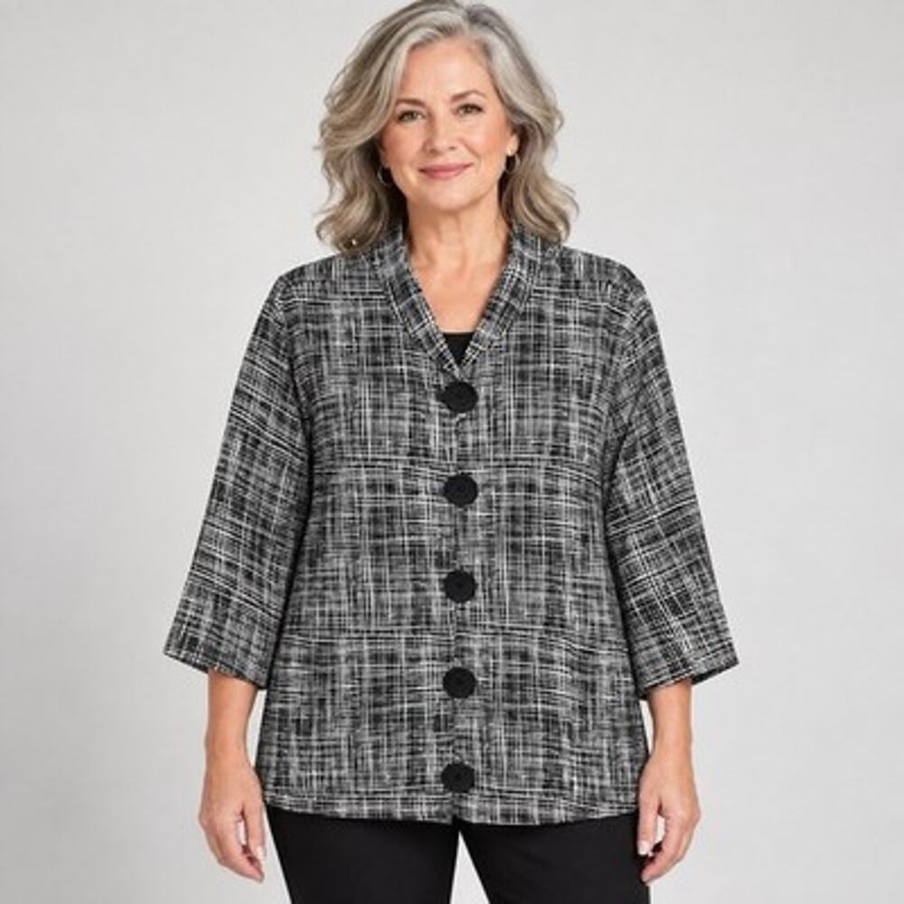 Caroline Rose Designer Big Button Front Jacket 2X Black White Stripes Artsy